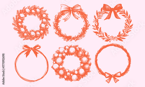 Vintage Christmas wreaths with balls and bows, red sketch crayon style for festive cards, holiday decorations, winter design projects.