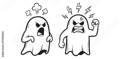 Angry Cartoon Ghosts Halloween Vector Spooky Characters Funny Spirits Black and White Graphics Comic Illustration