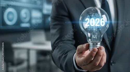 Business Man Holding Light Bulb with '2026' - Innovation and Future Vision