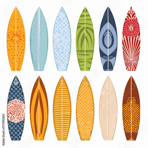 A vibrant collection of twelve surfboards with diverse patterns and colors, arranged neatly in two rows.