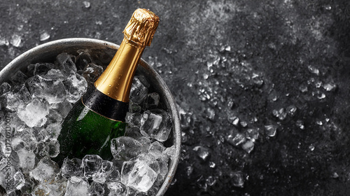 Champagne bottle chilling in ice for celebration at party