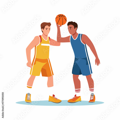 Two male basketball players in uniforms competing on a court, one holding the ball while the other defends.