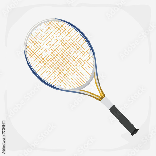 A detailed illustration of a modern tennis racket with blue and gold frame and yellow strings.