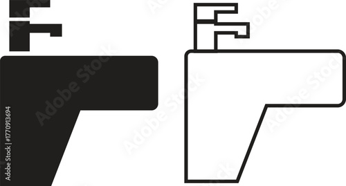 Modern bathroom sink icon set with faucet and water tap. Plumbing and wash basin silhouette in flat and outline styles illustration for home hygiene, cleaning, interior decoration and utility vectors.