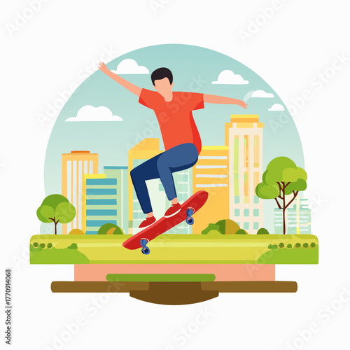 A vibrant illustration of a person skateboarding in a park with city buildings in the background.