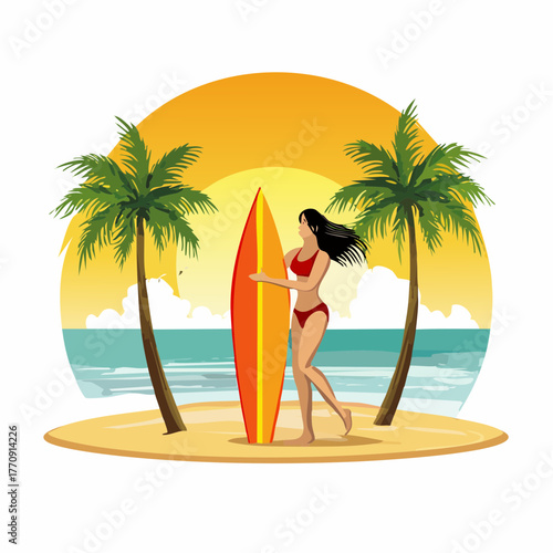 Woman in red bikini holding a surfboard on a sunny beach with palm trees and ocean.