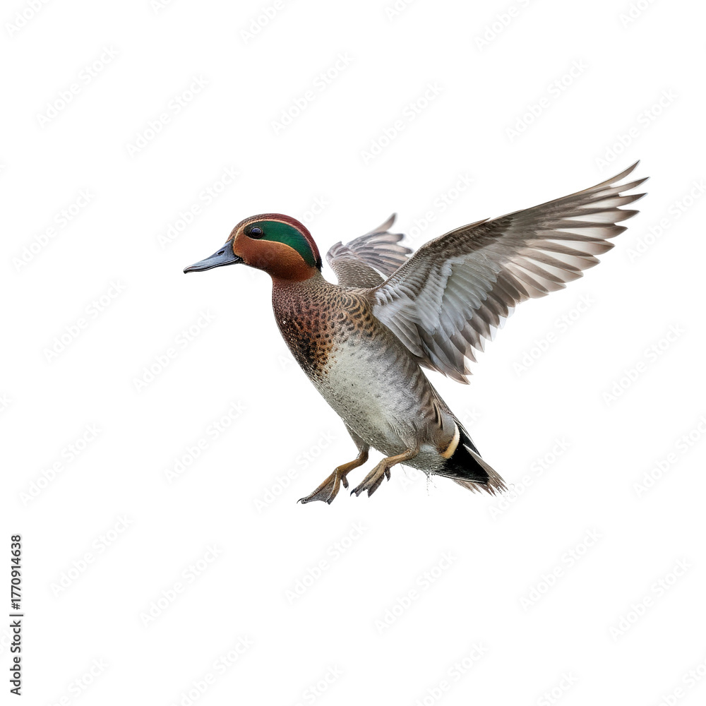 Fototapeta premium Green-winged Teal in Flight, Isolated