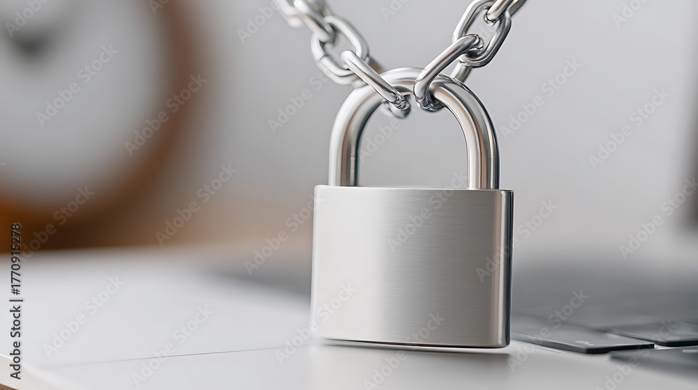 Fototapeta premium A silver padlock and chain rest on a laptop, symbolizing security. The minimalist shot emphasizes data protection in digital environments. Focus on privacy.