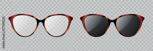 Vector 3d Realistic Tortoiseshell Cat Eye Glasses and Sunglasses Set, Isolated. Brown Retro Eyewear with Transparent and Dark Lenses. Stylish Fashion Accessory, Elegant Optical Frame