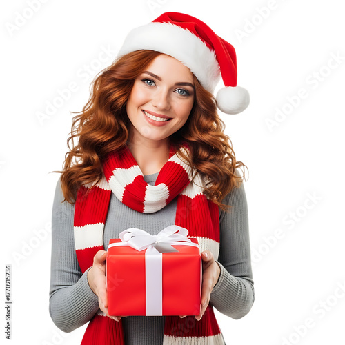 Wallpaper Mural Cheerful woman wearing santa hat holding christmas present joyful winter holiday spirit isolated on transparent background Torontodigital.ca