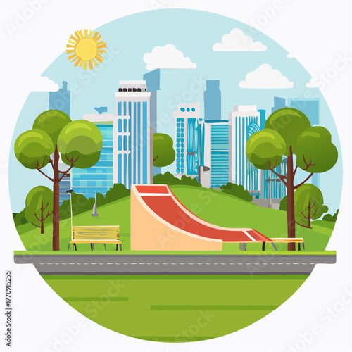 Illustration of a city park with a slide, trees, bench, and skyscrapers in the background.