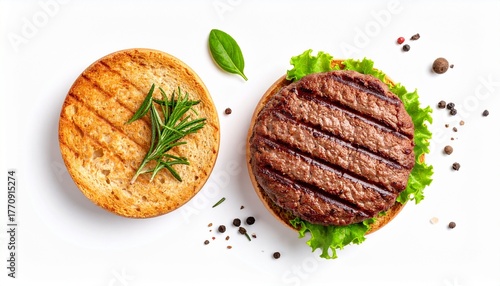 isolated grilled burger beef patty and bread top view