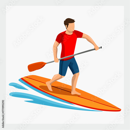 Vector illustration of a man stand-up paddleboarding on a surfboard with a paddle.