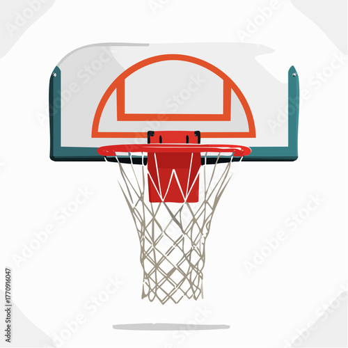 A detailed illustration of a basketball hoop with a white backboard and a red rim and net.