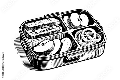 Lunchbox with sandwich, apple slices and onion rings in retro woodcut style on white background. Concept of classic packed meal or lunch