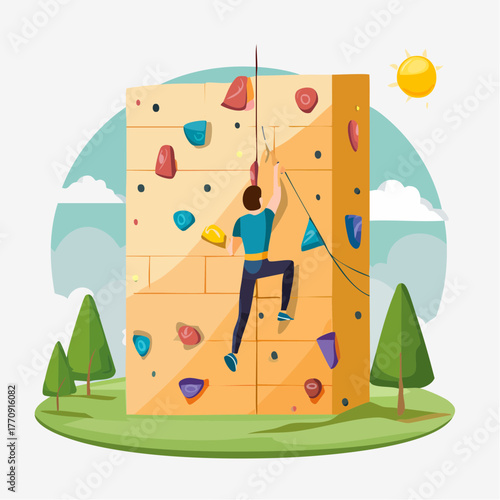 A person rock climbing on an artificial wall outdoors on a sunny day with trees.