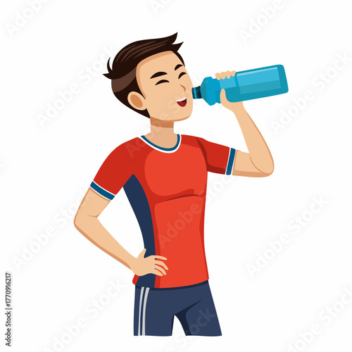A young man is drinking water from a blue bottle after a workout, staying hydrated.