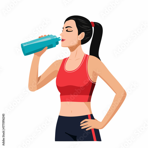 A fit young woman in athletic clothing drinking water from a bottle after exercise.