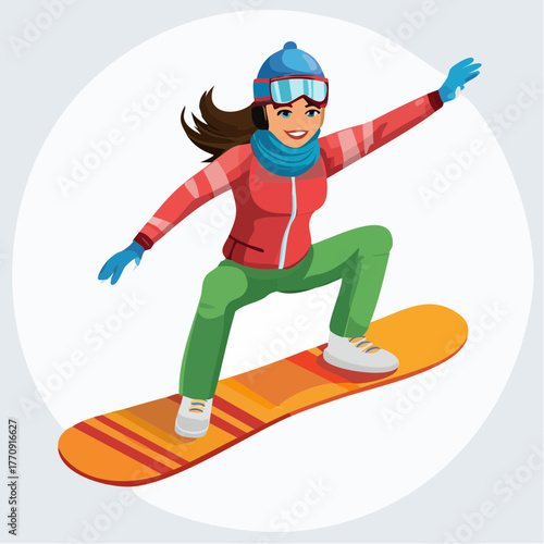 A young woman in winter clothing snowboarding down a slope with a determined expression.