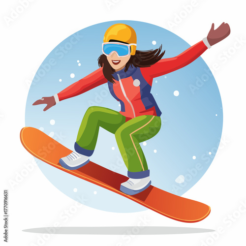 A woman snowboarding down a snowy slope, wearing a helmet and goggles, enjoying the winter sport.