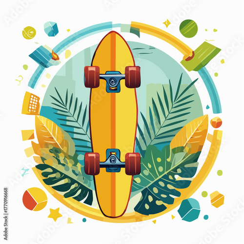 Vibrant vector illustration of a yellow longboard skateboard with tropical leaves and abstract geometric shapes.