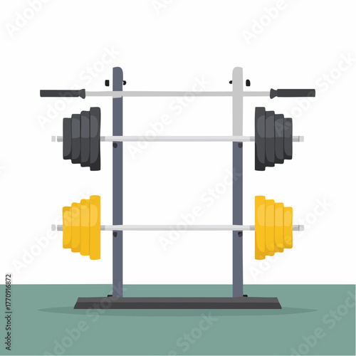A weight rack holding two barbells with weight plates attached, ready for a workout.