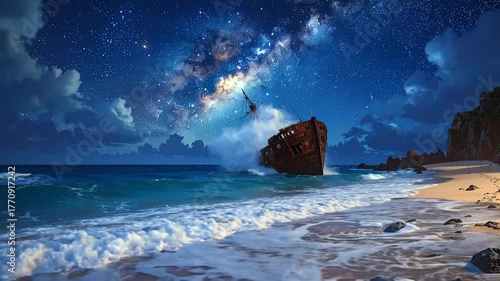 Shipwreck on Beach Under Starry Night Sky