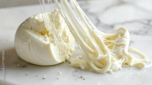 Fresh Mozzarella Cheese Being Pulled and Cut on Marble