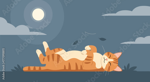 Cute Orange Tabby Cat Lying on Back and Relaxing Outdoors at Night Under the Full Moon – Flat Vector Illustration