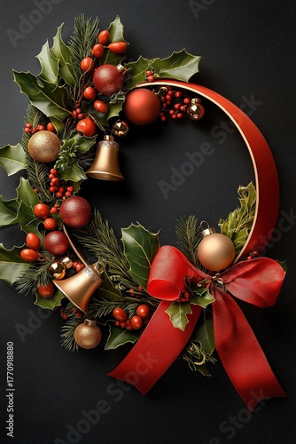 Luxury Christmas wreath with bells and ribbon, perfect for festive decorating in a dark setting