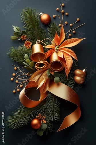 Luxurious bell ribbon wreath with festive decorations for a dark Christmas ambiance