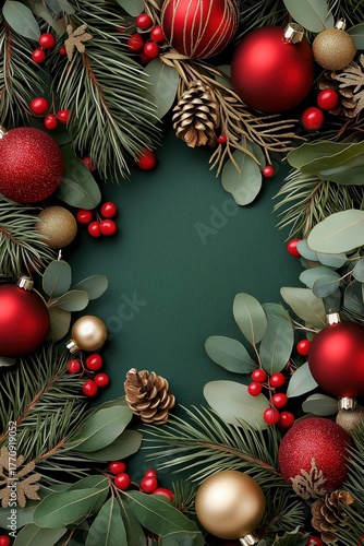 Beautiful Christmas frame adorned with red and gold ornaments and pine, perfect for festive greetings and holiday decorations