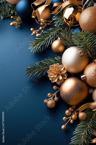 Bright blue background featuring copper and gold Christmas ornaments with holiday greenery for festive decoration