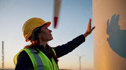 A skilled female construction worker gazes at the horizon during a sunset.