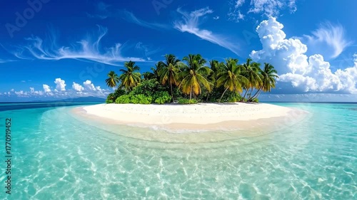 Tropical Island Paradise: Palm Trees, White Sand, Turquoise Water.