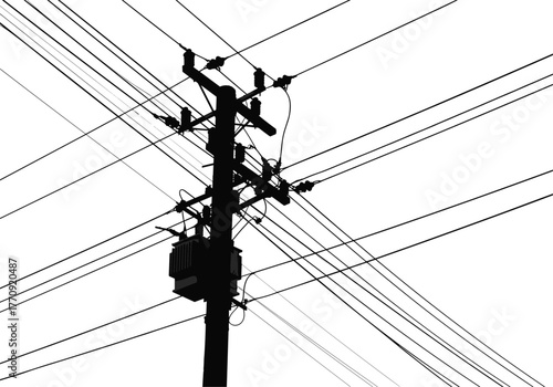 Utility pole silhouette, crisscross power lines, transformer box, insulators, cable network, energy infrastructure, urban grid, electricit