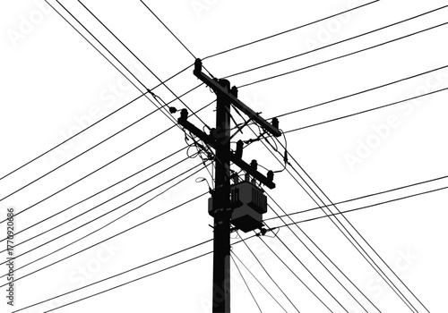 Utility pole silhouette, power lines network, transformer box, insulators, crossarms, cable infrastructure, energy grid, urban distribution,