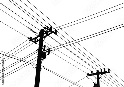Utility poles silhouette, intersecting power lines, transformer boxes, insulators, geometric cable network, electricity grid,