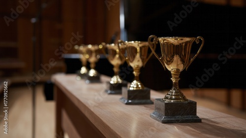 Golden trophies shimmer in the dim light, evoking a paradoxical solitude of victory, reminiscent of Achievement Day and Pi Approximation Day