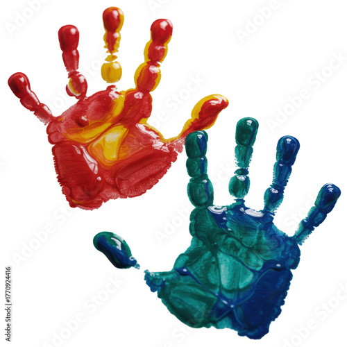 Photorealistic extreme macro of two child handprints, vibrant wet red, yellow, blue, emerald watercolor paint oozing on transparent, a precise study of fluid dynamics