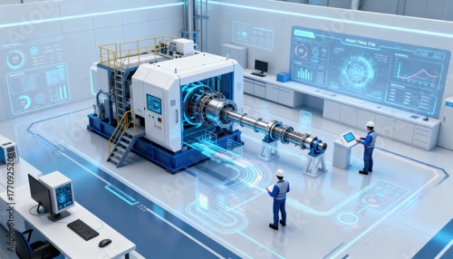 Medium shot showing digital twin visualization with animated workflow processes aiding technicians in planning predictive maintenance activities.