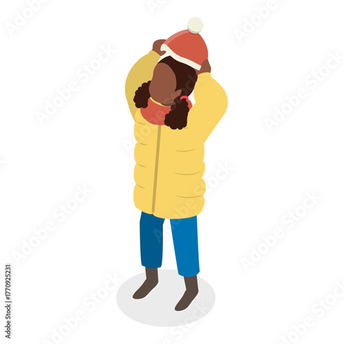 3D Isometric Flat Vector Set of Children Putting Clothes, Dressing Up. Item 7