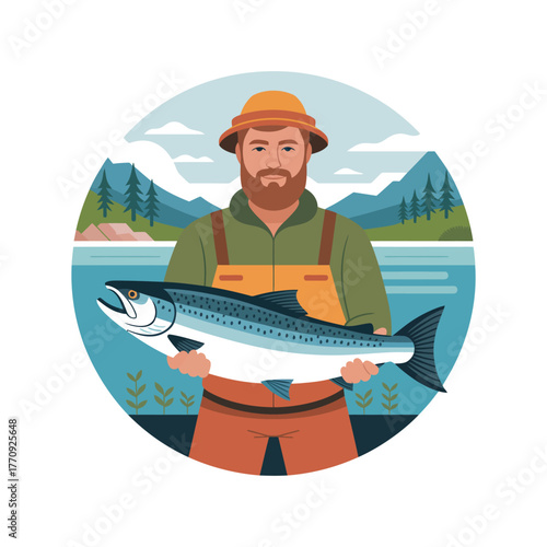 A fisherman proudly displays a large salmon catch in a scenic outdoor setting.