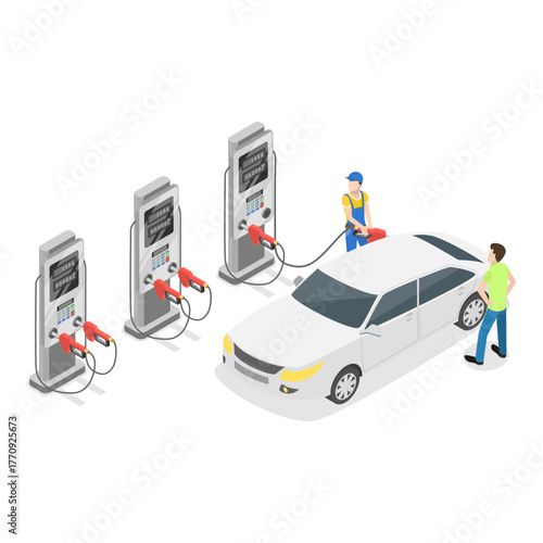 3D Isometric Flat Vector Illustration of Gasoline Self-service, Gas Station with Oil Pump. Item 2