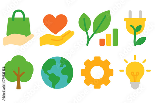 Eco-friendly, sustainability flat icon set. Green, nature, environment icons flat collection.