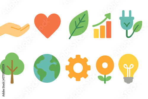 Eco-friendly, sustainability flat icon set: nature, energy, growth symbols collection