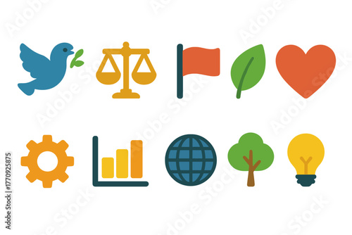 Peace and justice flat icon set. Nature, law, and sustainability icons collection.