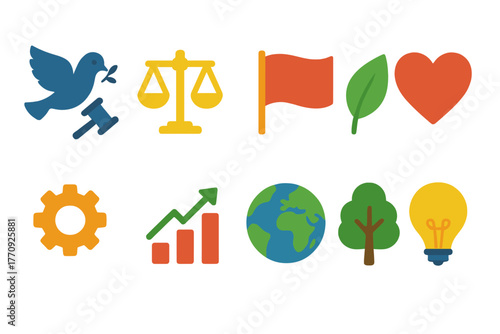 Peace, nature, justice filled icon set. Earth, growth, and sustainability icons.