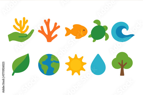 Nature, environment flat icon set. Eco, wildlife, conservation icons flat collection