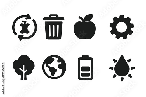 Ecology and environment solid icon set. Sustainability, nature conservation icons